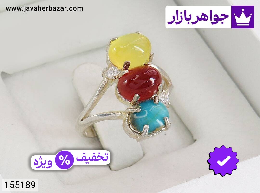 انگشتر نقره فیروزه نیشابوری و عقیق زنانه [شرف الشمس]